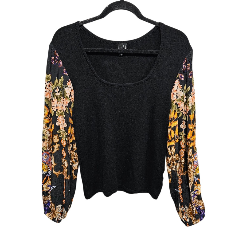 Anthropologie Blank London Peasant Knit Top Balloon Sleeve Black Print Size M